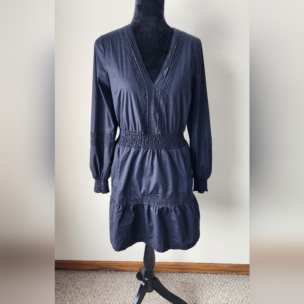 Michael Kors Women's Crochet Trim Long Sleeve Black Dress Size M.